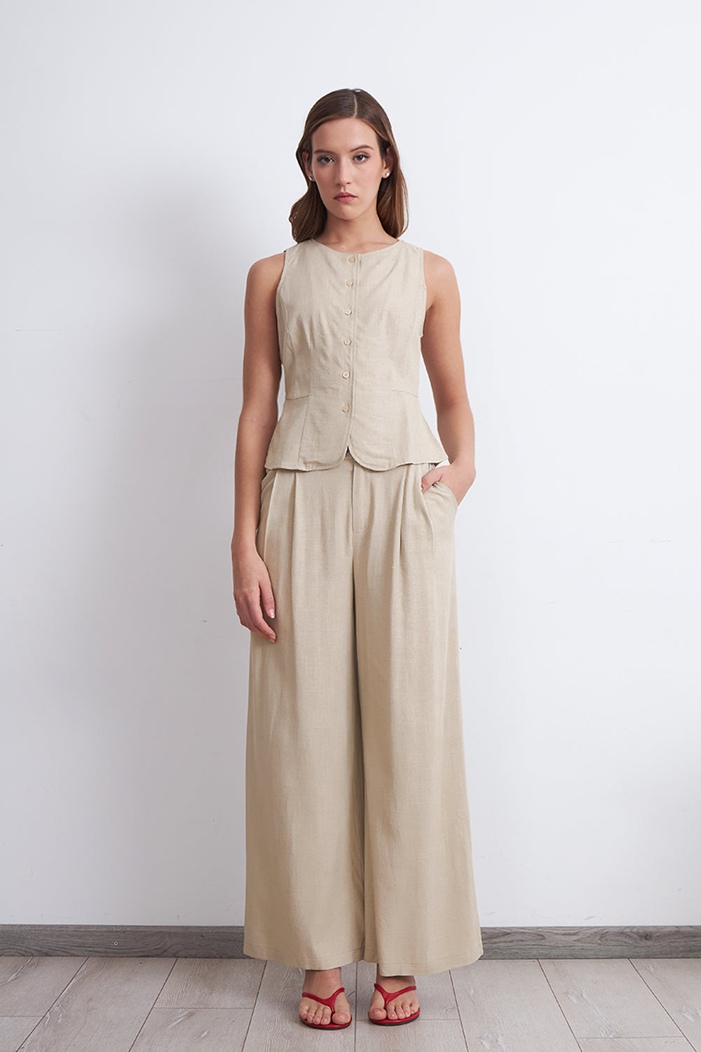 Gilet Cuello Redondo Tipo Lino Beige