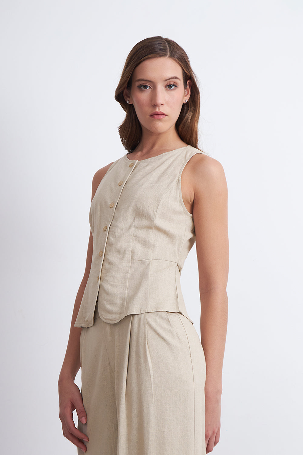 Gilet Cuello Redondo Tipo Lino Beige