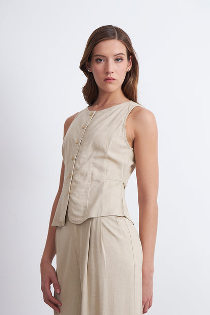 Gilet Cuello Redondo Tipo Lino Beige