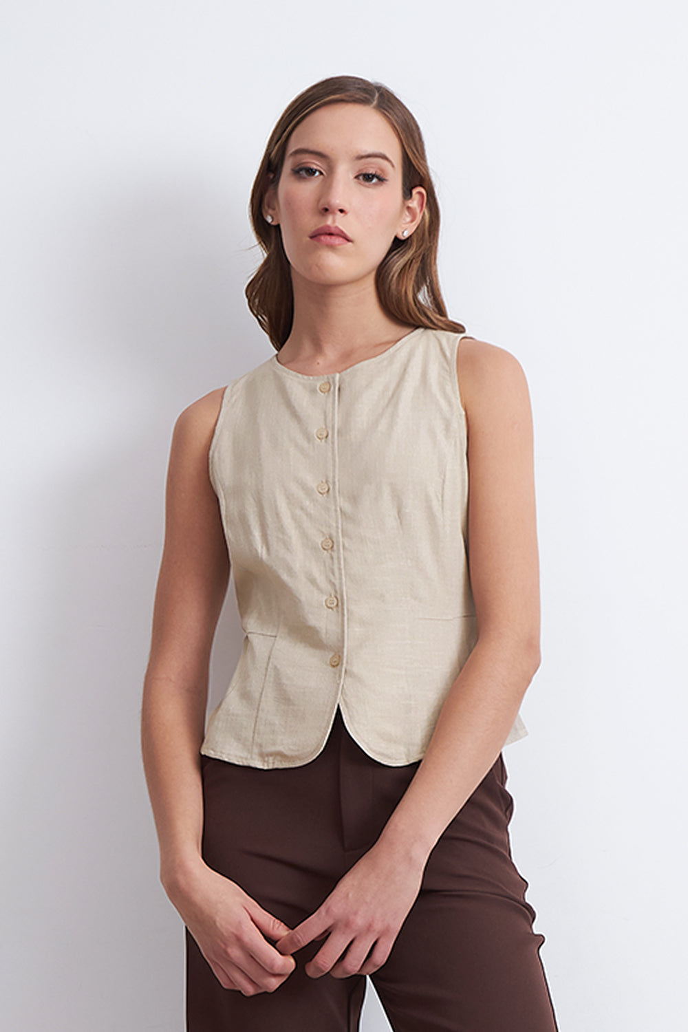 Gilet Cuello Redondo Tipo Lino Beige
