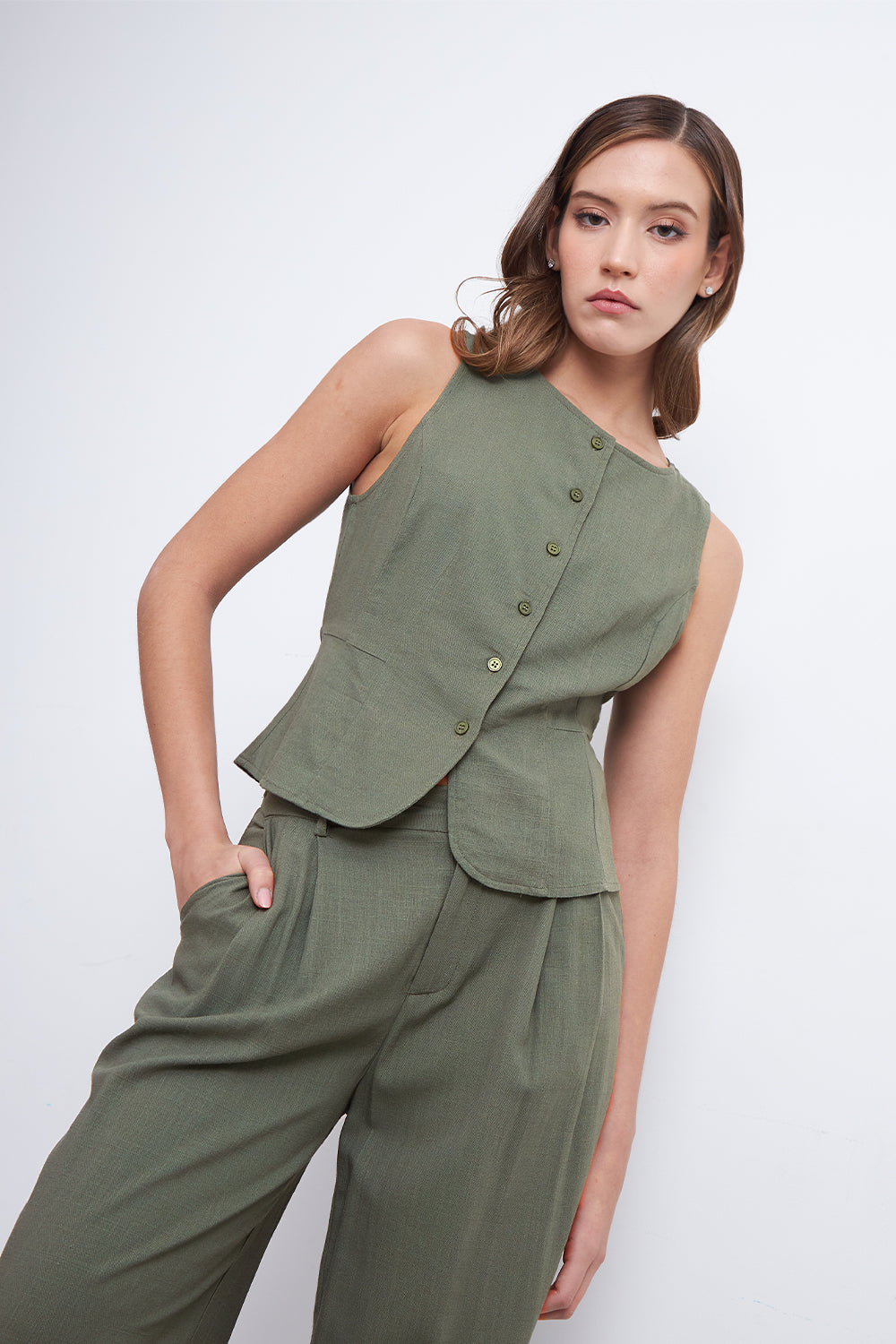 Gilet Cuello Redondo Tipo Lino Oliva