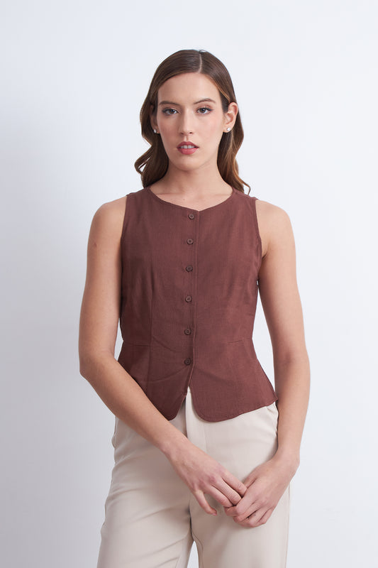 Gilet Cuello Redondo Tipo Lino Café