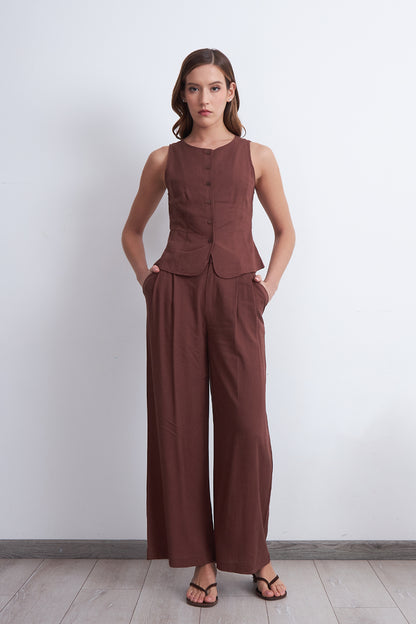 Gilet Cuello Redondo Tipo Lino Café