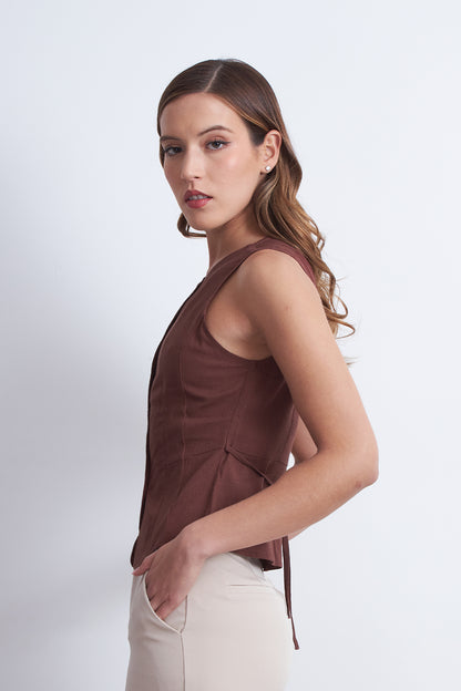 Gilet Cuello Redondo Tipo Lino Café
