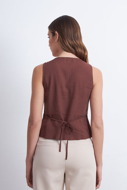 Gilet Cuello Redondo Tipo Lino Café