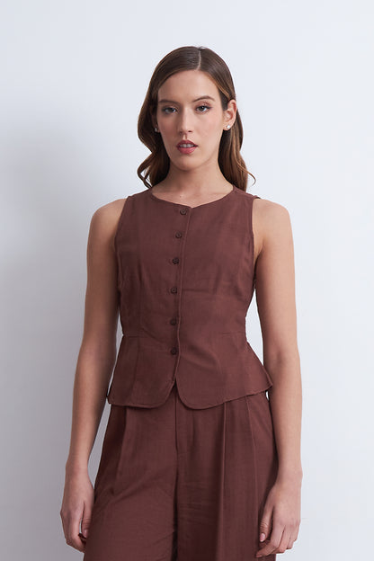 Gilet Cuello Redondo Tipo Lino Café