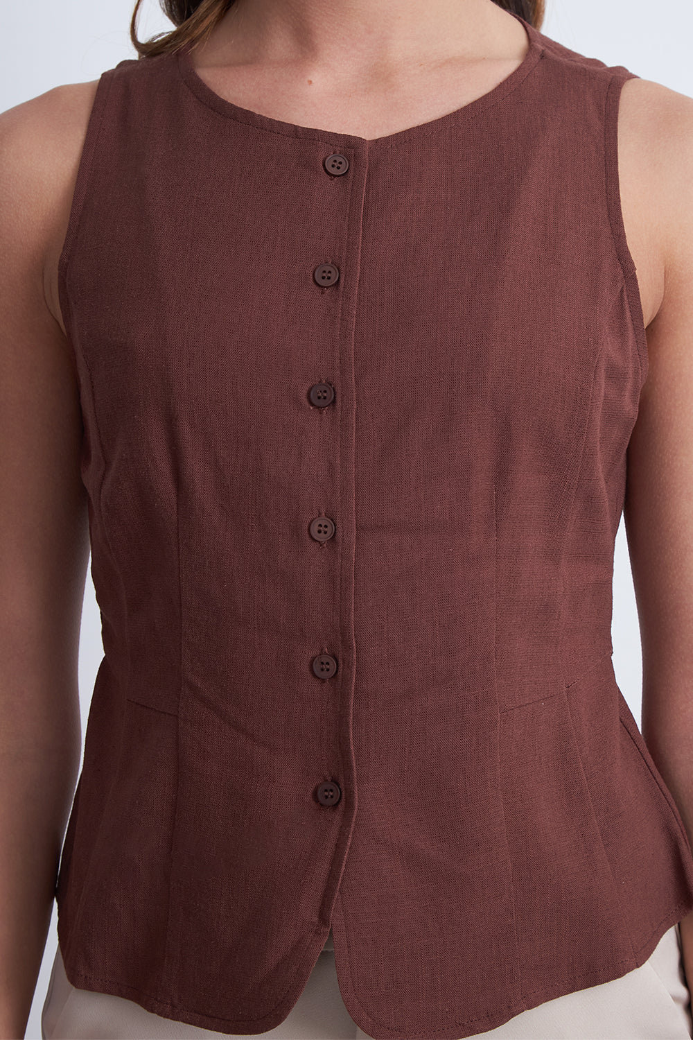 Gilet Cuello Redondo Tipo Lino Café