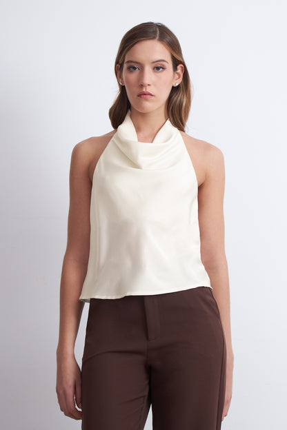 Blusa Drapeada Tipo Satín Cuello Alto Blanco