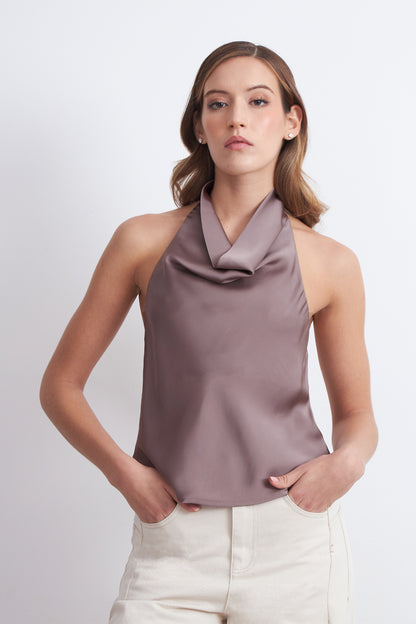 Blusa Drapeada Tipo Satín Cuello Alto Rosado
