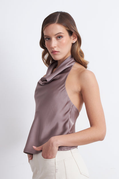 Blusa Drapeada Tipo Satín Cuello Alto Rosado