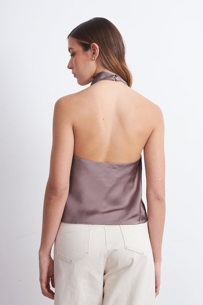 Blusa Drapeada Tipo Satín Cuello Alto Rosado