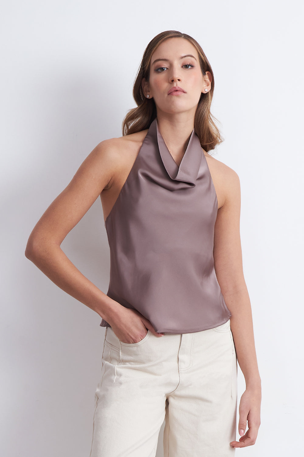 Blusa Drapeada Tipo Satín Cuello Alto Rosado