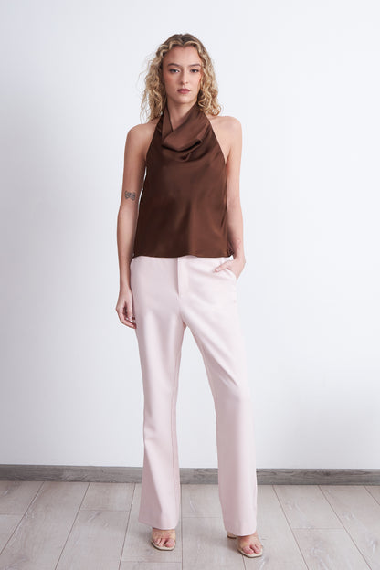 Blusa Drapeada Tipo Satín Cuello Alto Café