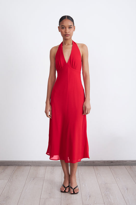 Vestido Cuello Halter con Amarra Rojo