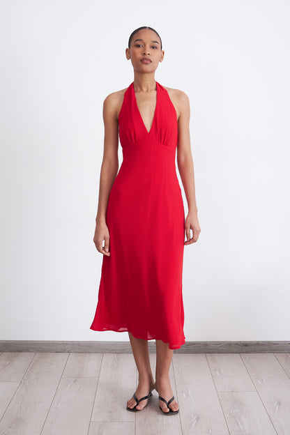 Vestido Cuello Halter con Amarra Rojo