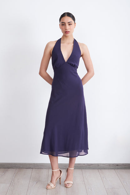 Vestido Cuello Halter con Amarra Azul Marino