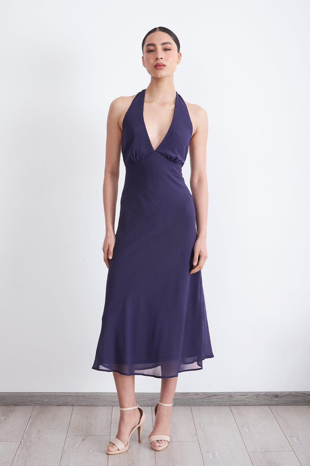 Vestido Cuello Halter con Amarra Azul Marino