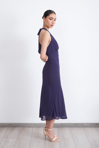 Vestido Cuello Halter con Amarra Azul Marino