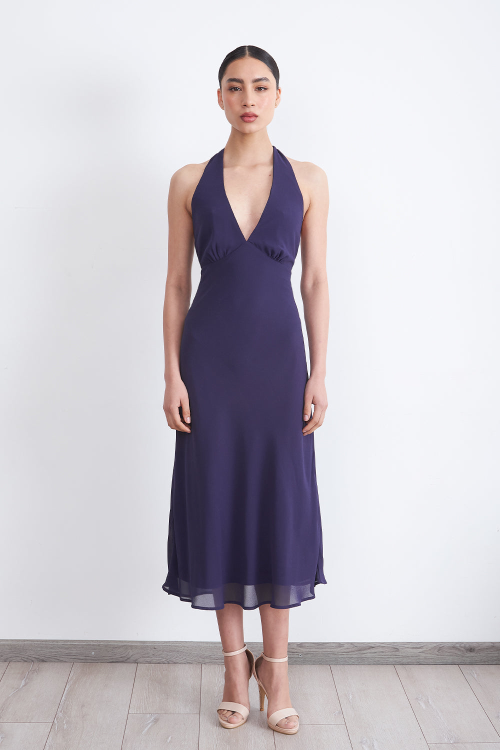 Vestido Cuello Halter con Amarra Azul Marino