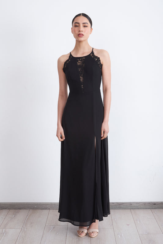 Vestido Largo Halter Detalle Encaje Negro