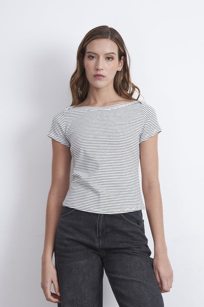 Polera Rayas Horizontales Cuello Bote Blanco