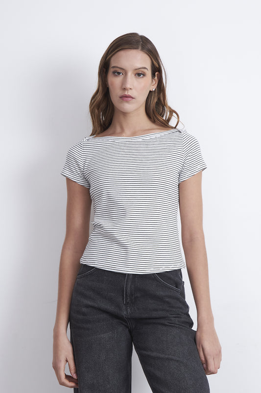 Polera Rayas Horizontales Cuello Bote Blanco