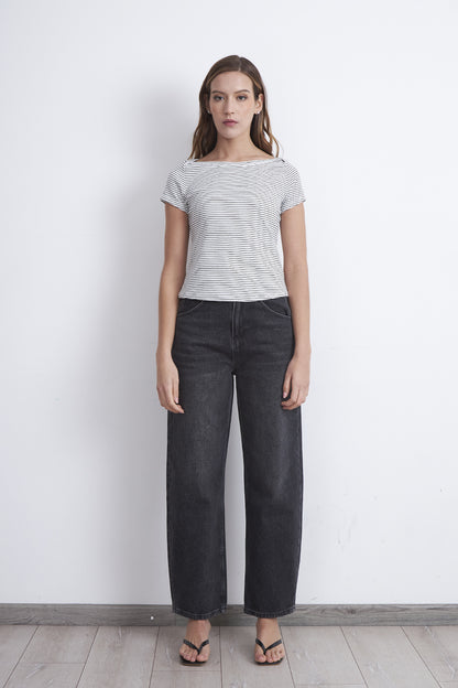 Polera Rayas Horizontales Cuello Bote Blanco