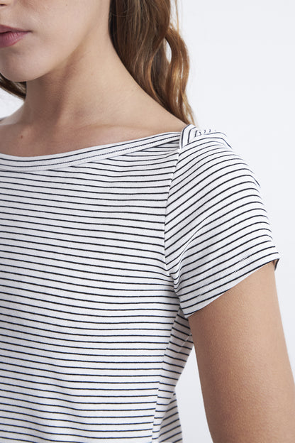 Polera Rayas Horizontales Cuello Bote Blanco