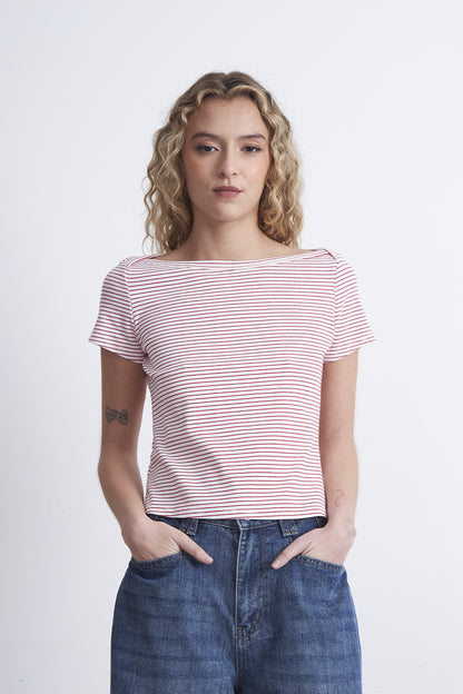Polera Rayas Horizontales Cuello Bote Rojo