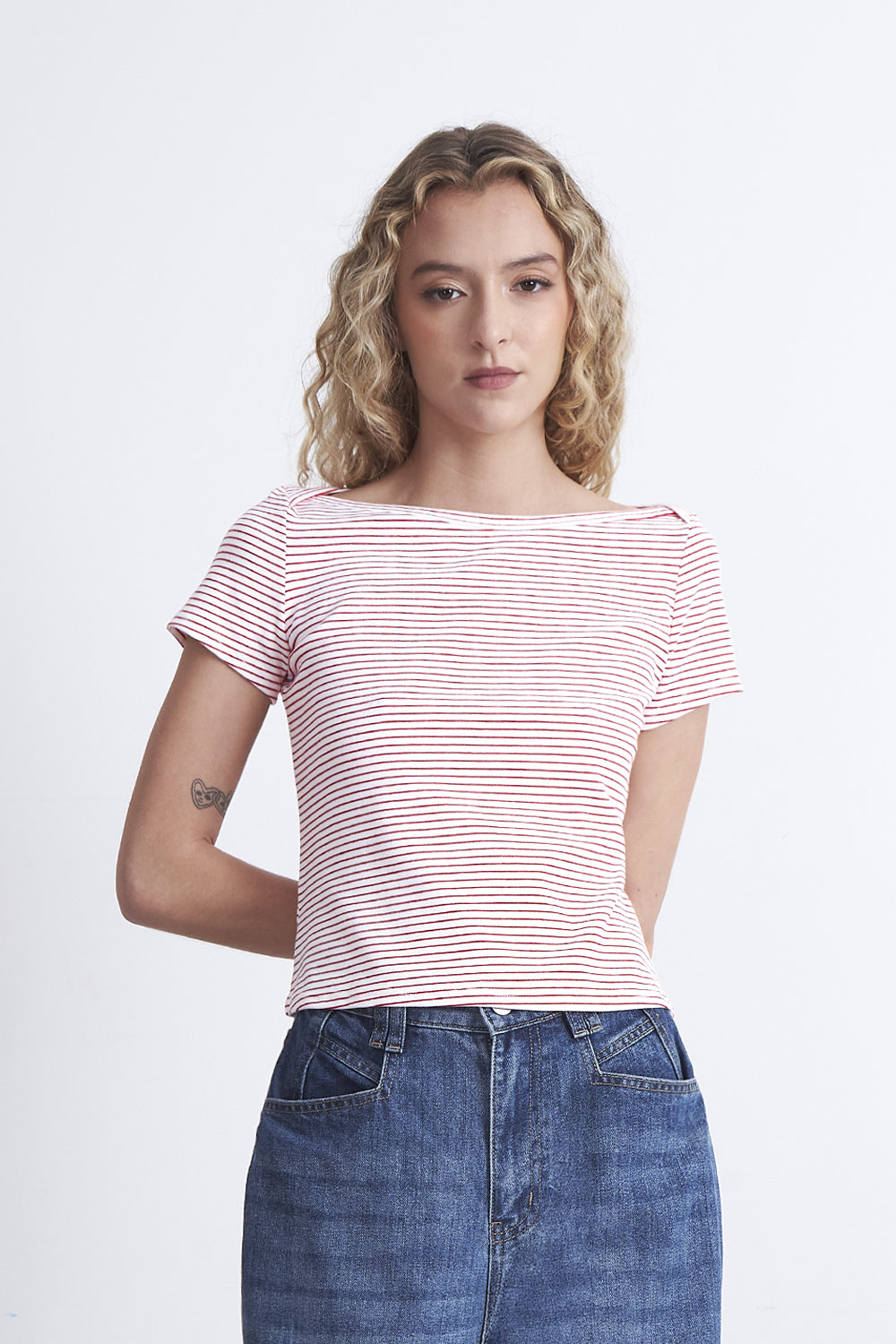 Polera Rayas Horizontales Cuello Bote Rojo