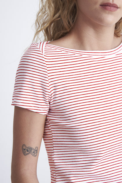Polera Rayas Horizontales Cuello Bote Rojo
