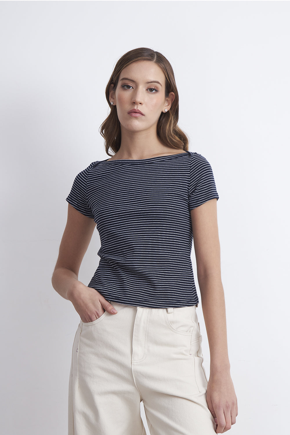 Polera Rayas Horizontales Cuello Bote Azul Marino