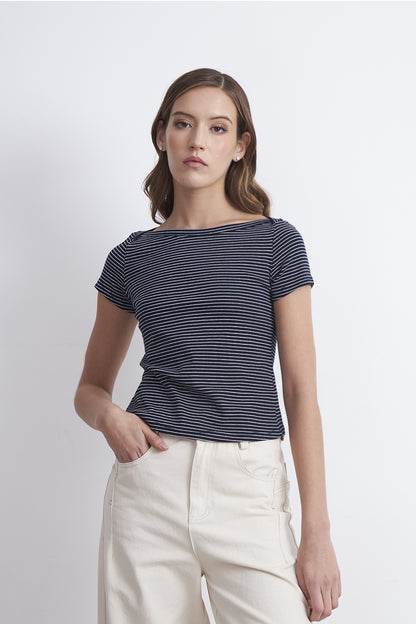 Polera Rayas Horizontales Cuello Bote Azul Marino