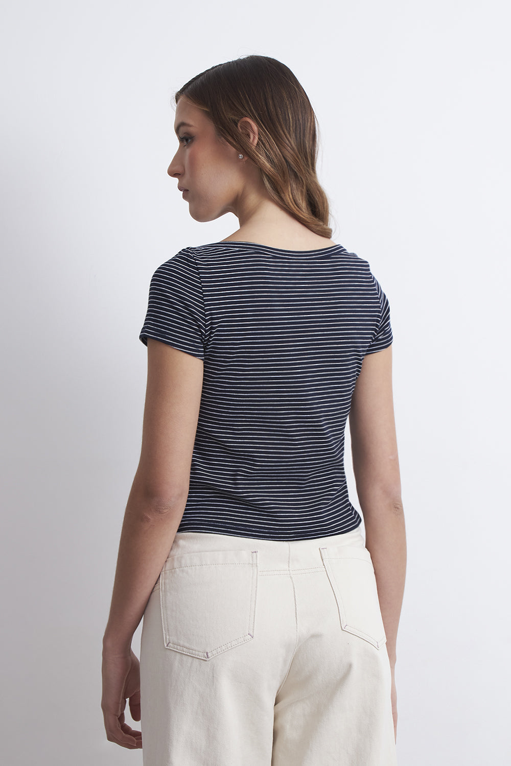 Polera Rayas Horizontales Cuello Bote Azul Marino