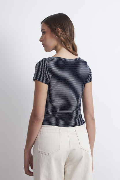 Polera Rayas Horizontales Cuello Bote Azul Marino