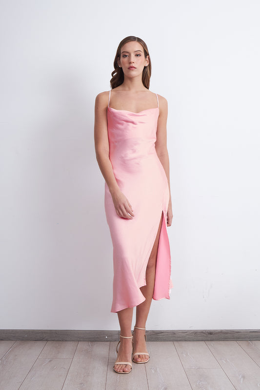Vestido Midi Satinado Drapeado Satín Rosado