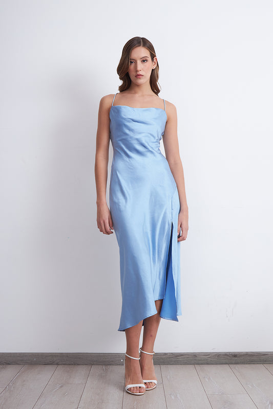 Vestido Midi Satinado Drapeado Satín Celeste