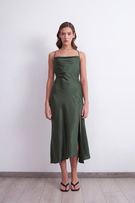 Vestido Midi Satinado Drapeado Satín Oliva