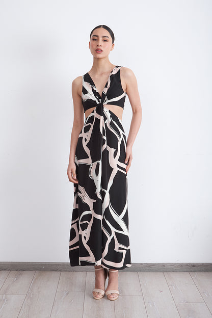 Vestido Estampado Aberturas Cintura Negro