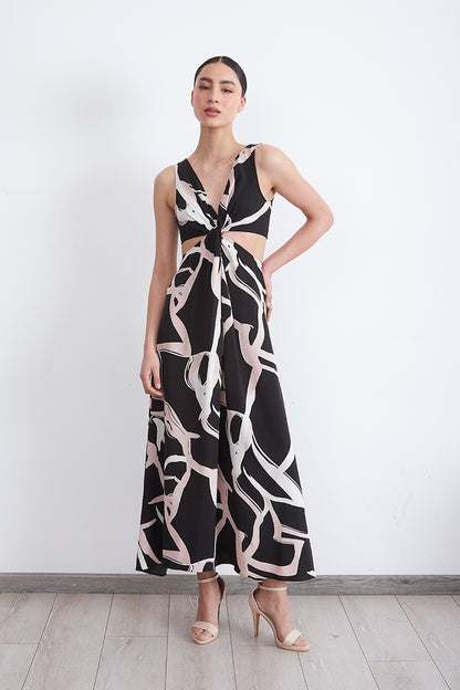Vestido Estampado Aberturas Cintura Negro