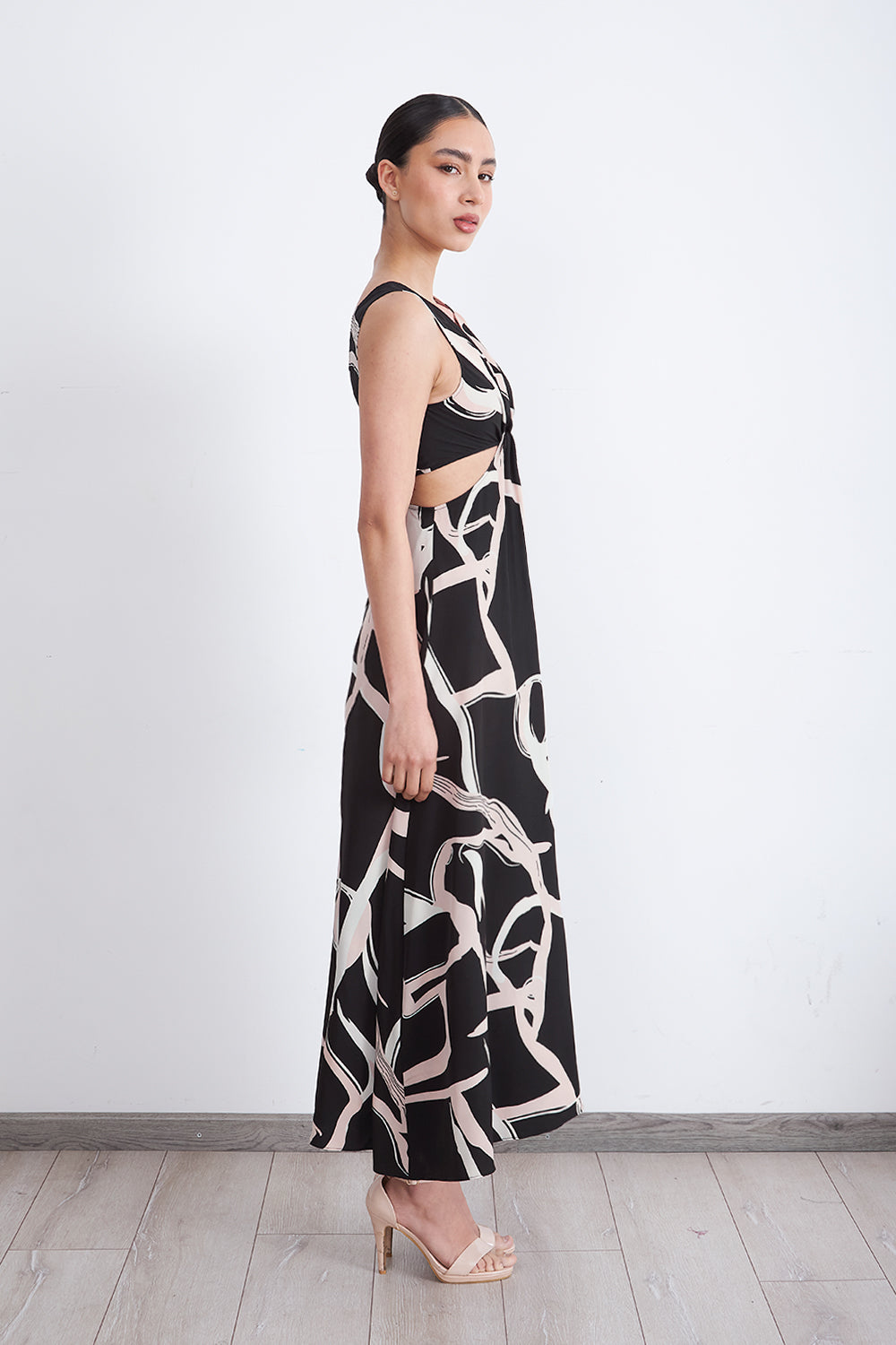 Vestido Estampado Aberturas Cintura Negro