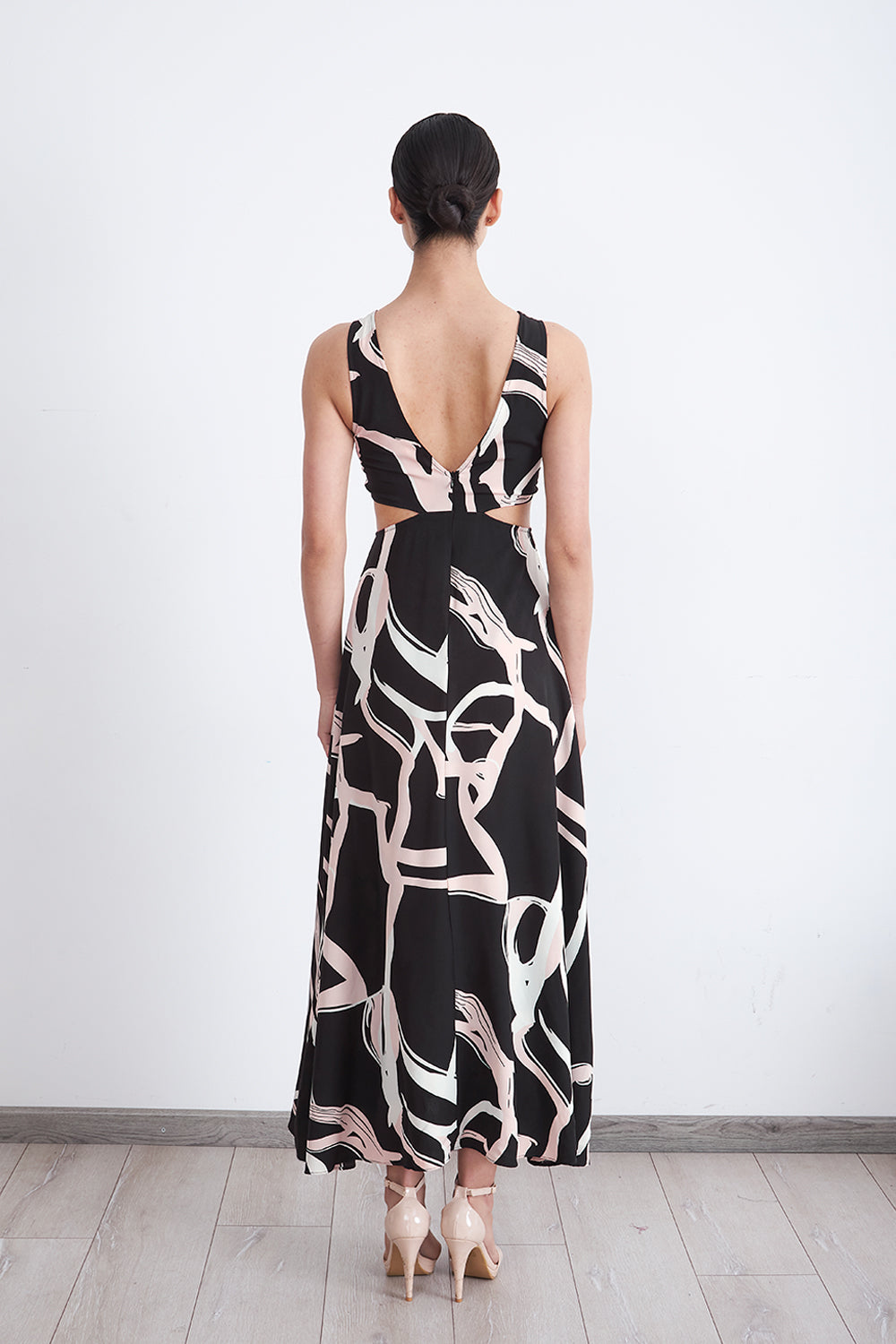 Vestido Estampado Aberturas Cintura Negro