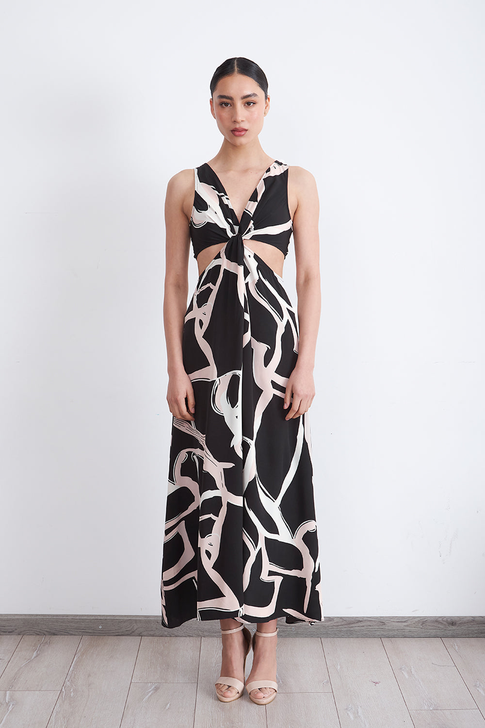 Vestido Estampado Aberturas Cintura Negro
