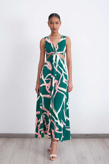 Vestido Estampado Aberturas Cintura Verde
