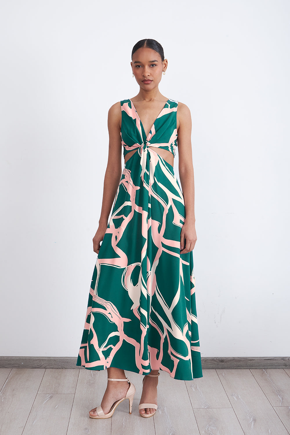 Vestido Estampado Aberturas Cintura Verde