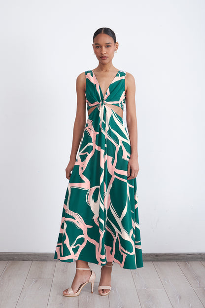 Vestido Estampado Aberturas Cintura Verde