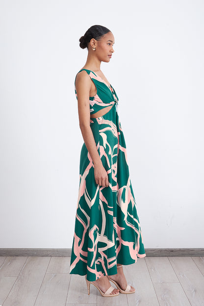 Vestido Estampado Aberturas Cintura Verde