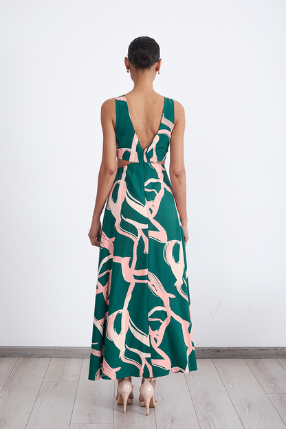Vestido Estampado Aberturas Cintura Verde