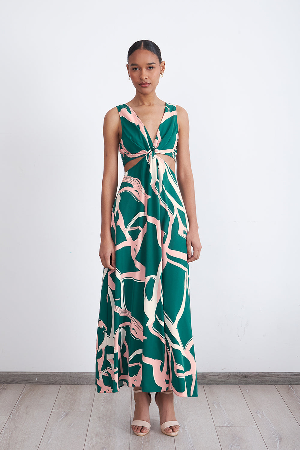 Vestido Estampado Aberturas Cintura Verde