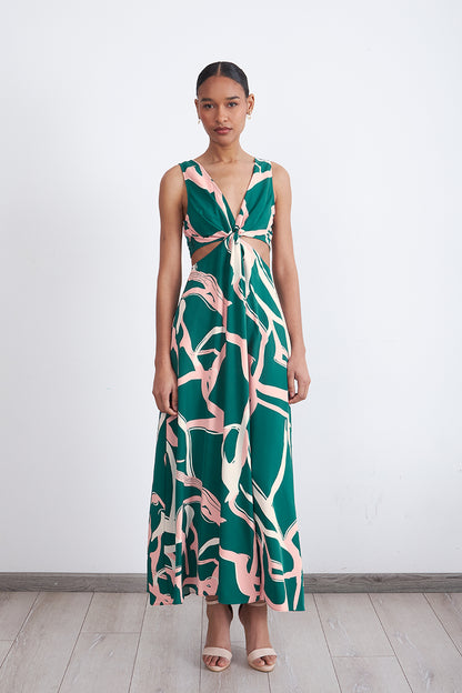 Vestido Estampado Aberturas Cintura Verde
